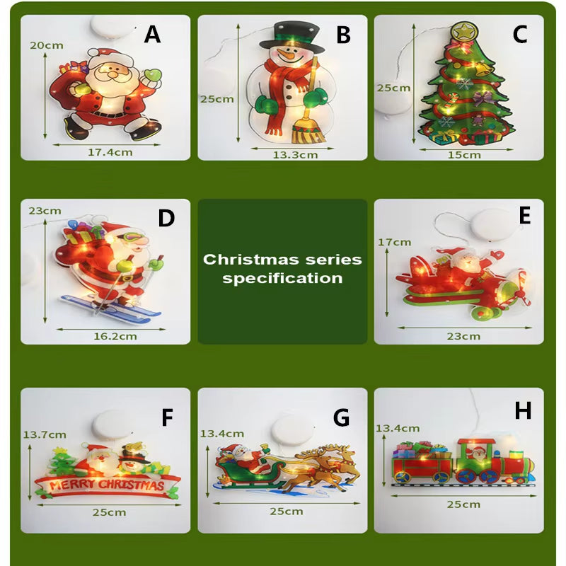 1Pc Christmas Window Decoration Hanging Lights 8 Styles LED Suction Cup Santa Claus Holiday Scene Atmosphere Decor