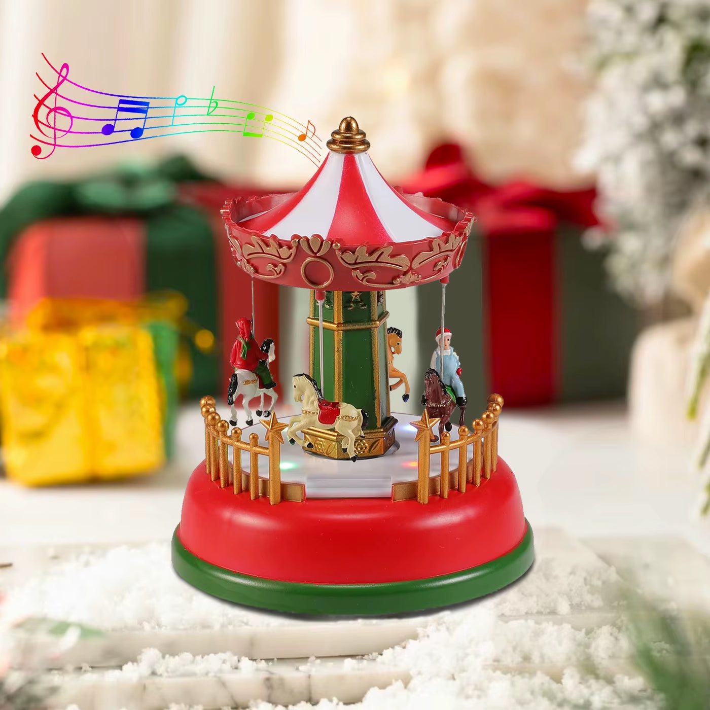 LED Christmas Carousel Decoration Music Box with Lights Holiday Village Scene Ornament Tabletop Home Party Xmas Gift