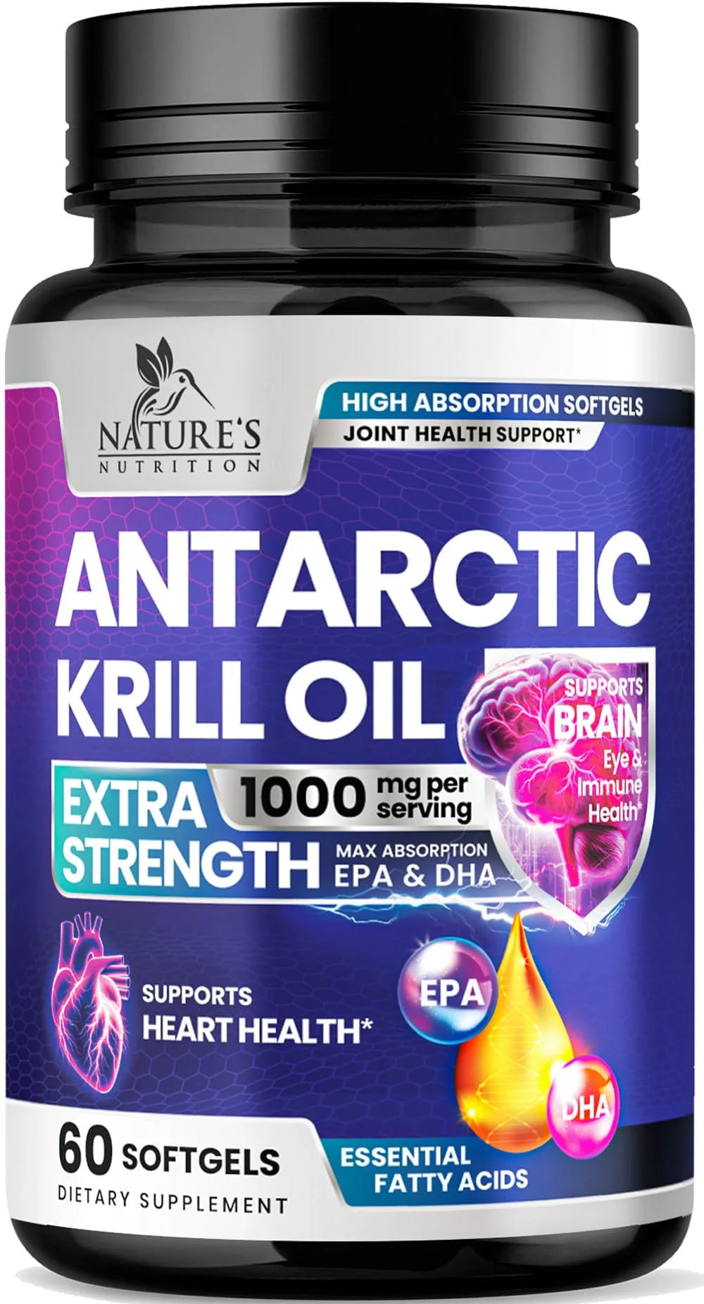 Krill Oil Omega 3 Supplement - 1000 Mg with Astaxanthin Sourced from Red Krill, Antarctic Krill Oil with Omega 3 EPA, DHA, Triple Strength Brain Health Immune Support with Phospholipids - 60 Softgels