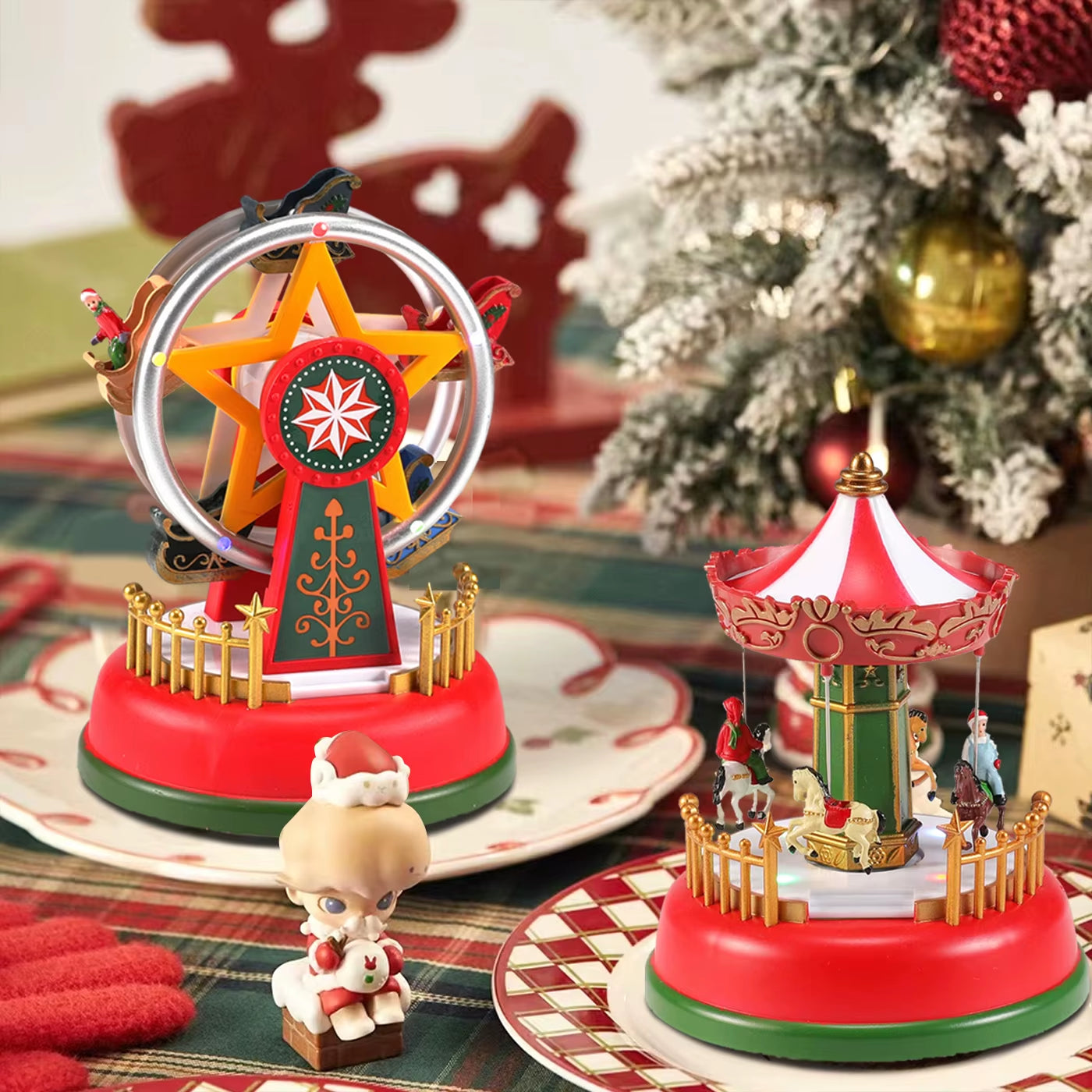 LED Christmas Carousel Decoration Music Box with Lights Holiday Village Scene Ornament Tabletop Home Party Xmas Gift