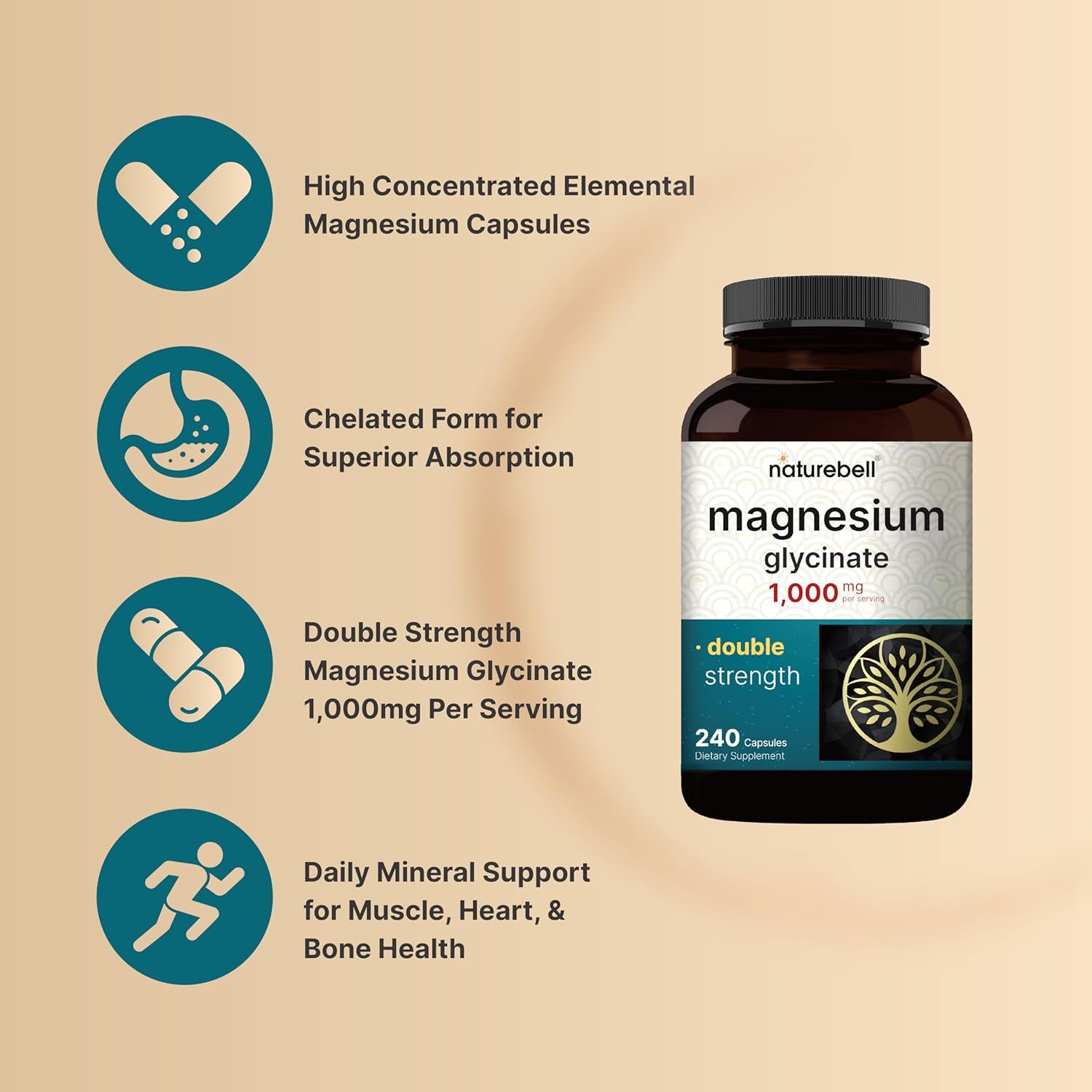 Magnesium Glycinate 1,000Mg, 240 Capsules | 500Mg per Capsule | 100% Chelated & Purified | Sleep, Muscle & Nerve Support | Non-Gmo, Gluten-Free
