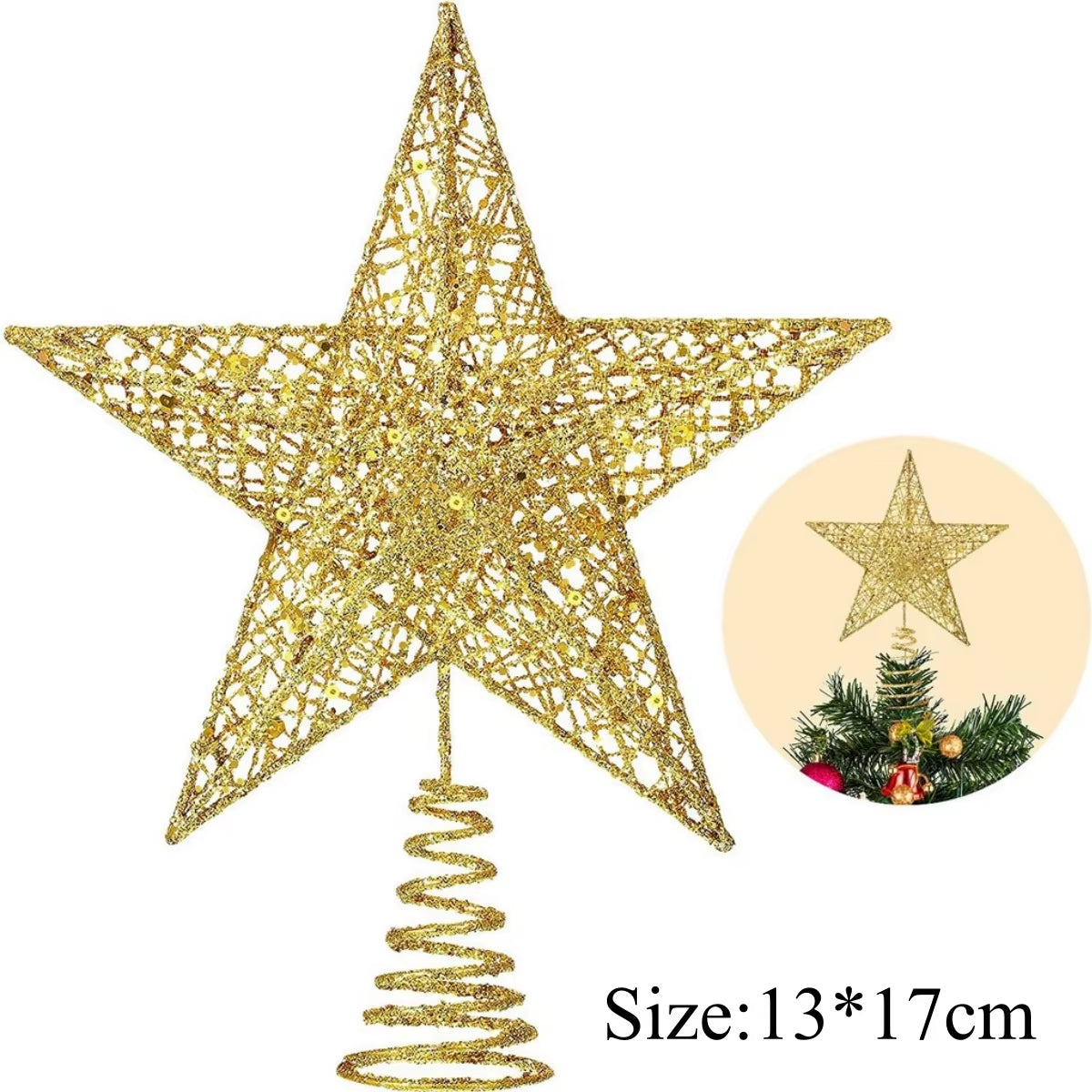 Iron Glitter Christmas Tree Topper Star with Led Copper Wire Lights Merry Christmas Tree Decor for Home Navidad Ornaments