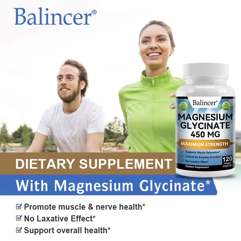 Magnesium Glycinate - Nerves System, Improve Mood Nervous, Muscles Recovery, Heart Health, Sleep Quality Support