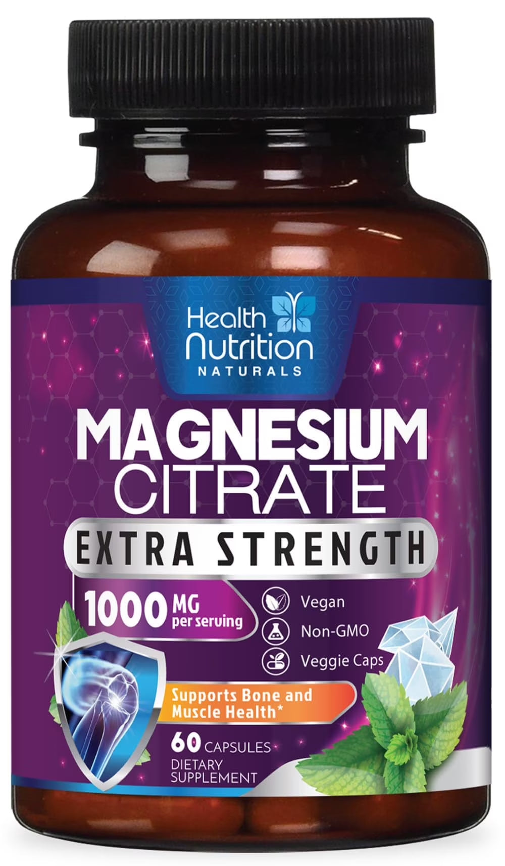 Magnesium Citrate Capsules 1000Mg - Max Absorption Magnesium Powder for Muscle, Nerve, Bone and Heart Health Support, High Absorption Citrate Complex, Gluten Free, Non-Gmo - 60 Capsules