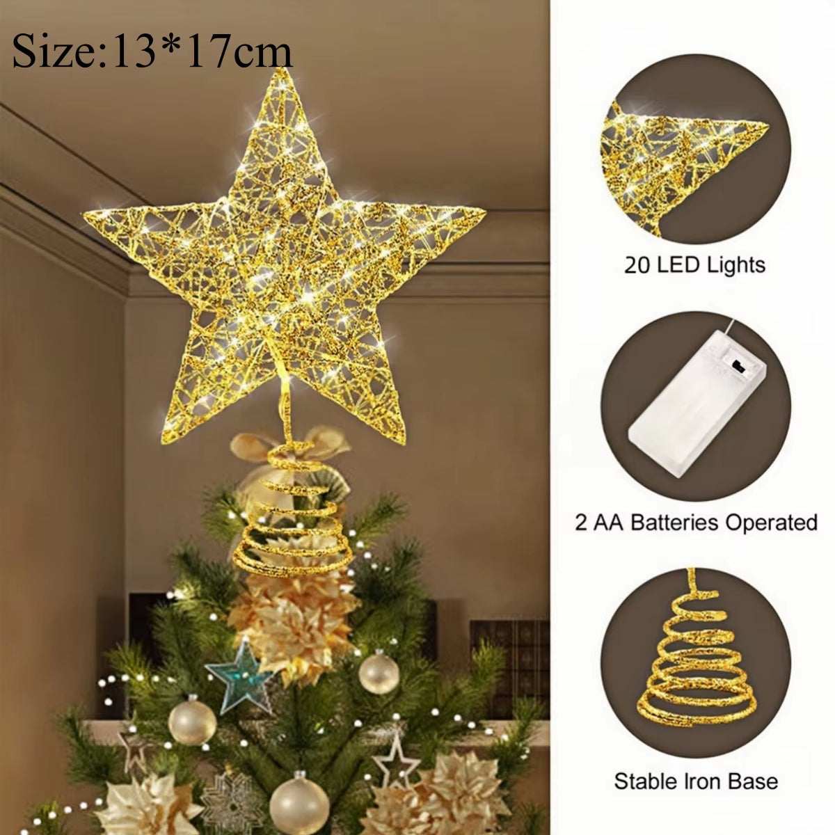 Iron Glitter Christmas Tree Topper Star with Led Copper Wire Lights Merry Christmas Tree Decor for Home Navidad Ornaments