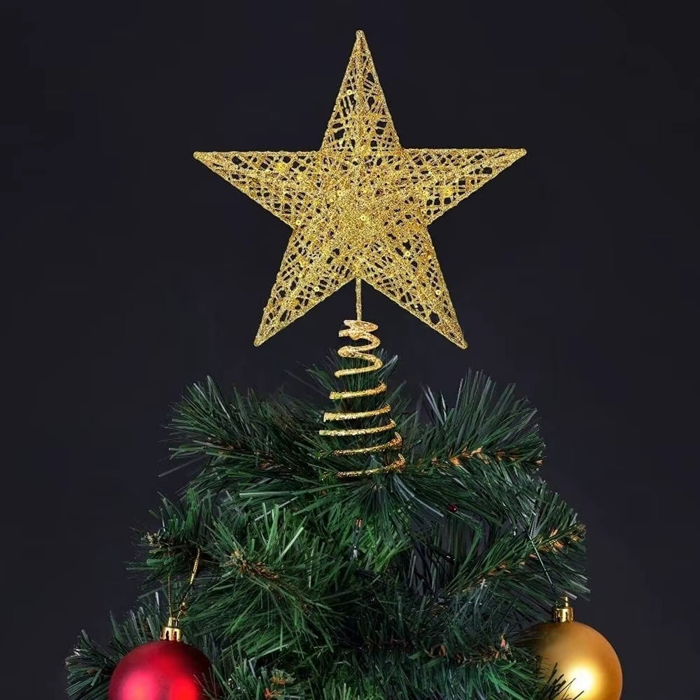 Iron Glitter Christmas Tree Topper Star with Led Copper Wire Lights Merry Christmas Tree Decor for Home Navidad Ornaments