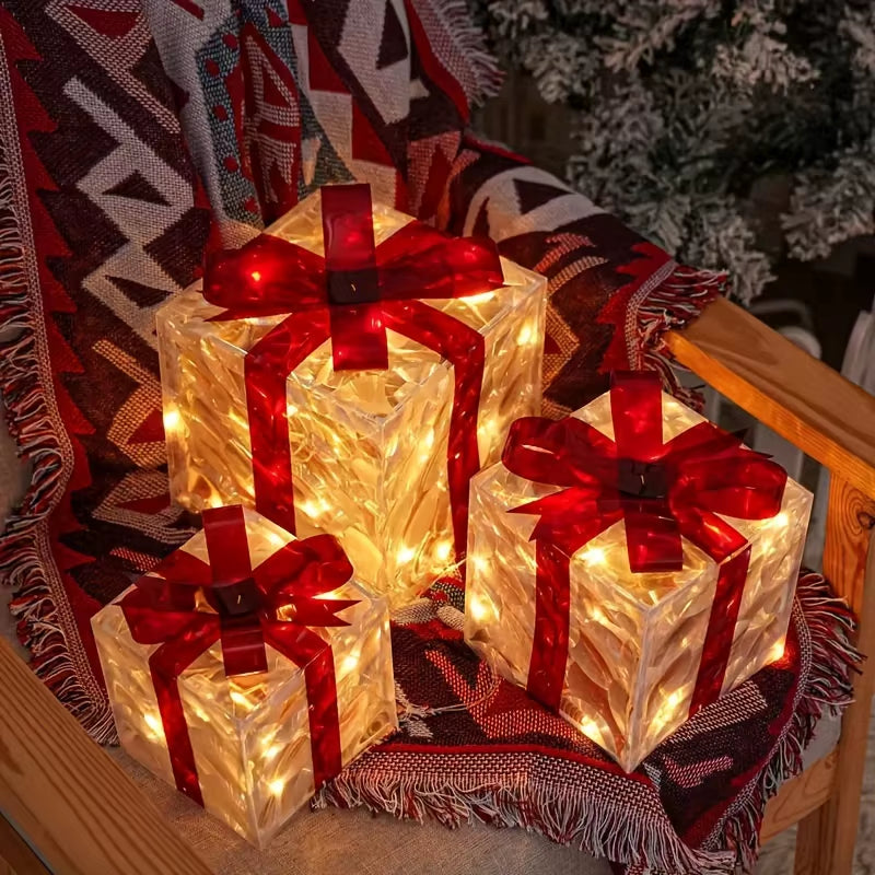 3-Piece Lighted Holiday Gift Box Set – Elegant Christmas Decorations for Tree, Home & Festive Displays