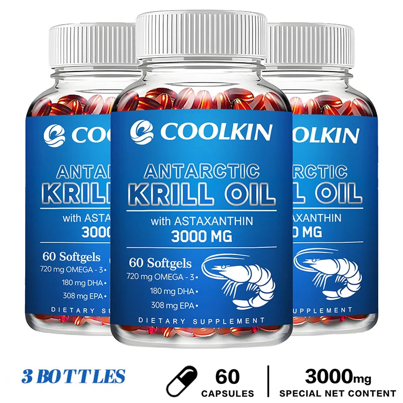 Antarctic Krill Oil 3000Mg – High-Potency Omega-3 Softgels with EPA, DHA, Astaxanthin & Phospholipids for Heart, Brain, Immune & Joint Support