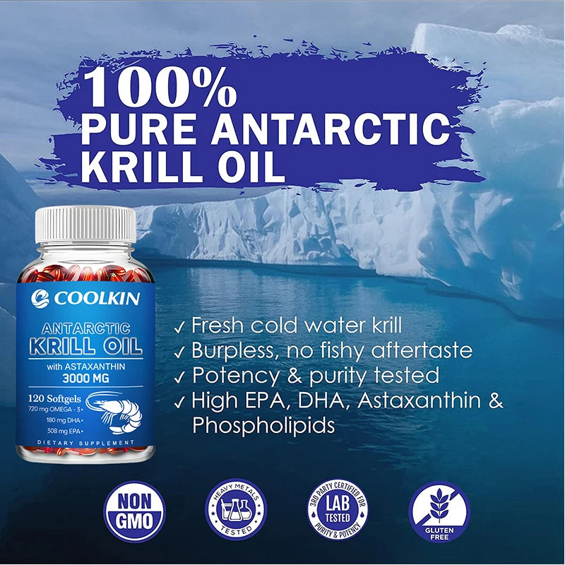 Antarctic Krill Oil 3000Mg – High-Potency Omega-3 Softgels with EPA, DHA, Astaxanthin & Phospholipids for Heart, Brain, Immune & Joint Support