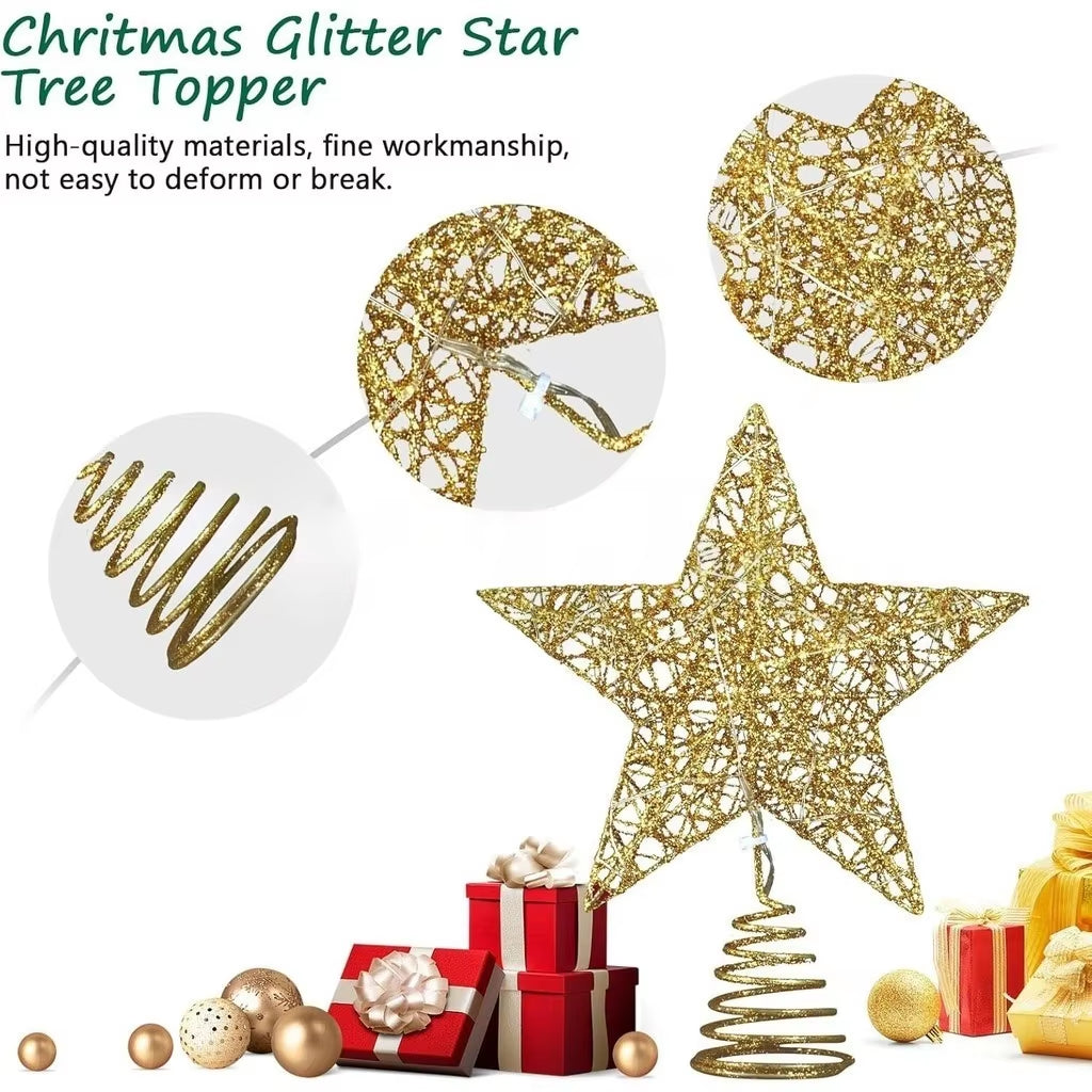 Iron Glitter Christmas Tree Topper Star with Led Copper Wire Lights Merry Christmas Tree Decor for Home Navidad Ornaments