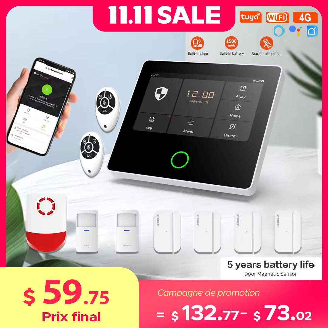 Wifi 4G Wireless Security Alarm System Built-In Louder Siren Tuya Smart Home Burglar Kit with 5-Year Contact Sensor