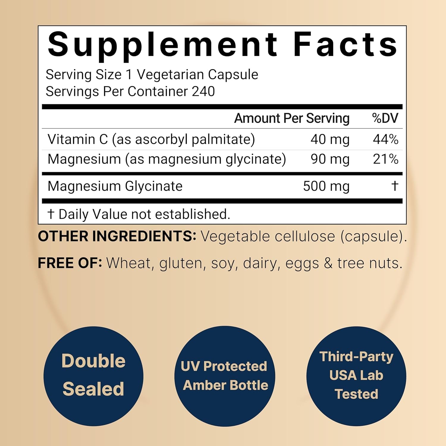 Pure Magnesium Glycinate 500Mg with Fat Soluble Vitamin C, 240 Veggie Capsules | Supplement for Sleep, Heart & Muscle Support* – 100% Chelated & Purified – 3Rd Party Tested, Vegan Friendly, Non-Gmo