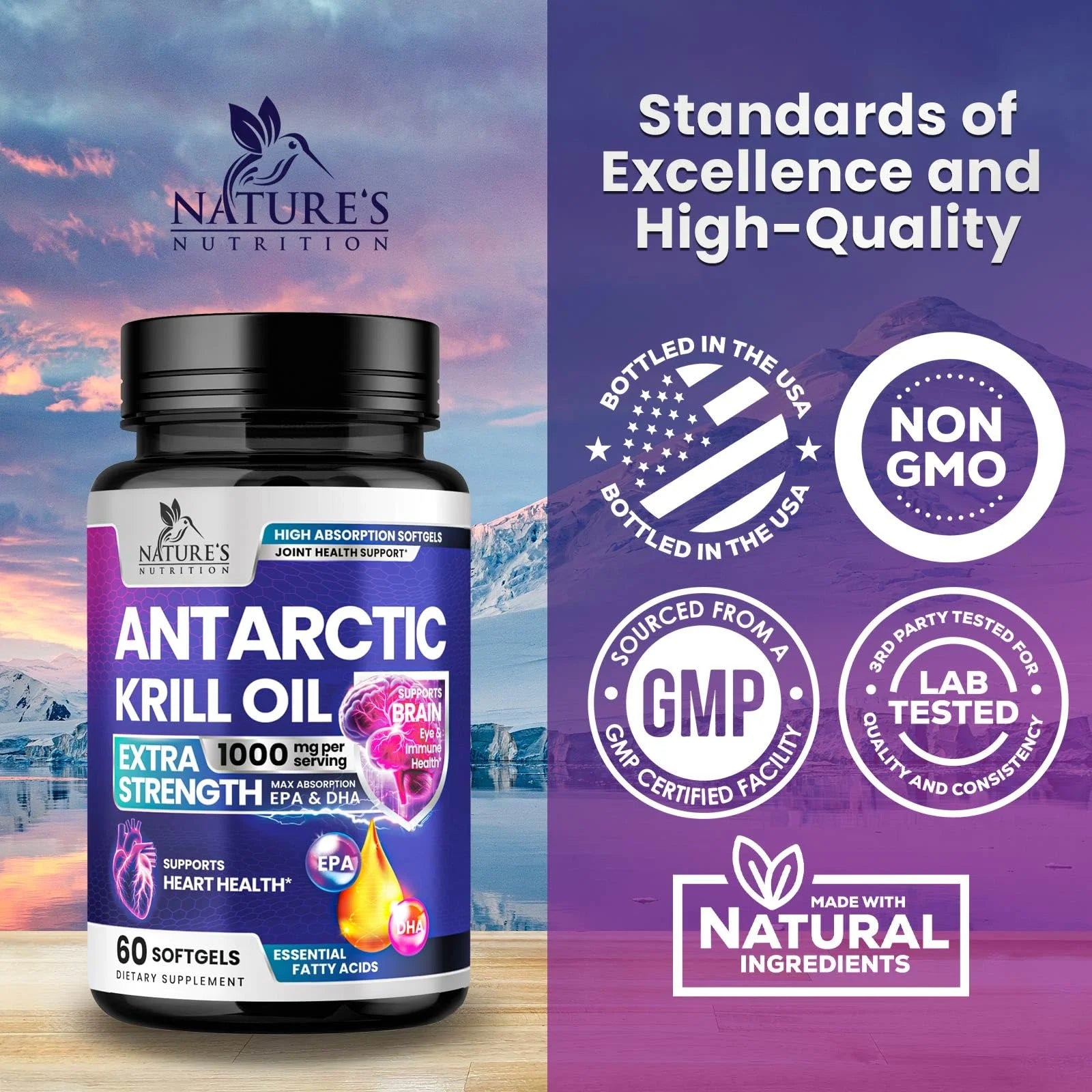 Krill Oil Omega 3 Supplement - 1000 Mg with Astaxanthin Sourced from Red Krill, Antarctic Krill Oil with Omega 3 EPA, DHA, Triple Strength Brain Health Immune Support with Phospholipids - 60 Softgels