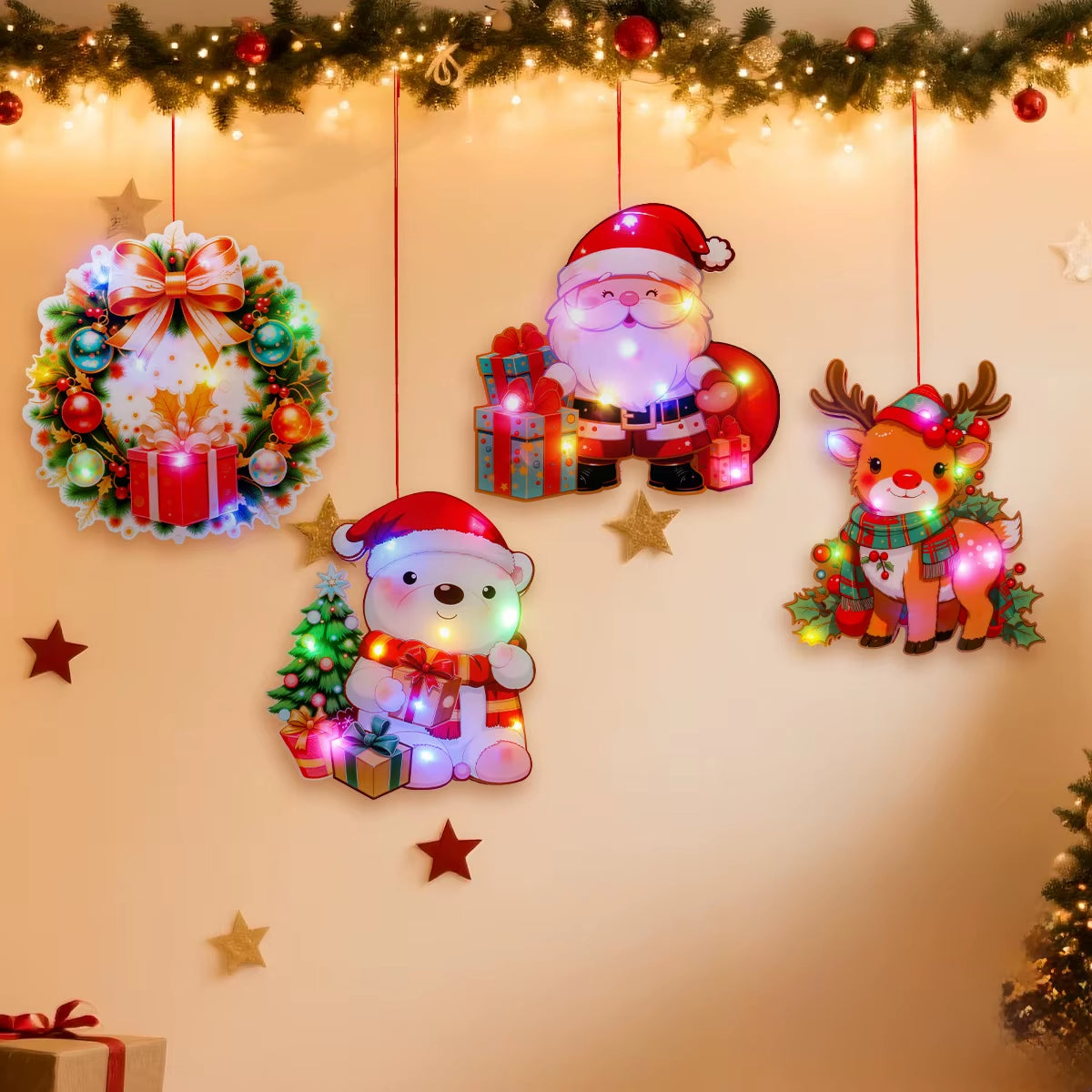LED Ornaments Christmas Santa Claus, Shining Brightly Hanging Ornaments for Xmas Trees Window Home Party Decor Holiday Gifts
