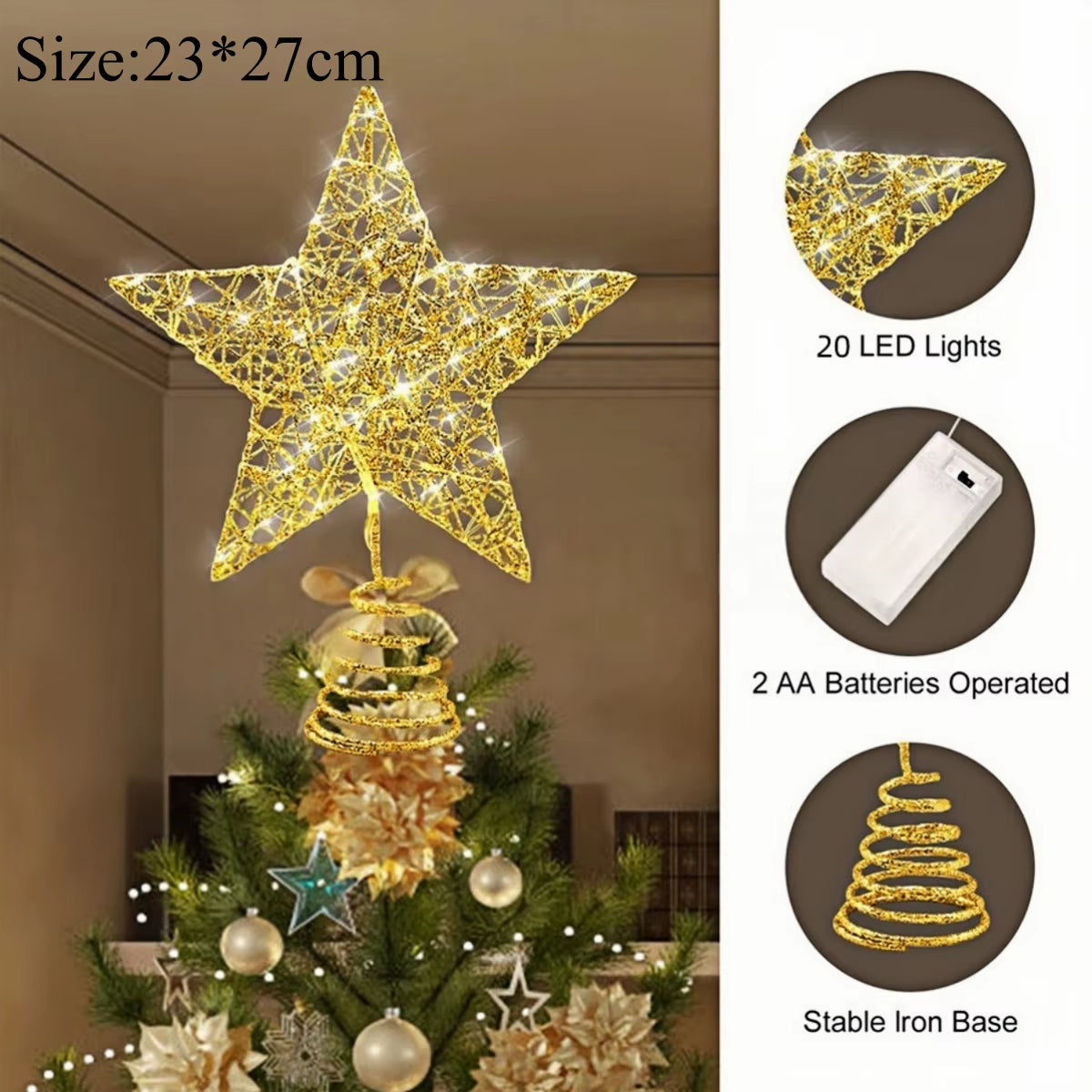 Iron Glitter Christmas Tree Topper Star with Led Copper Wire Lights Merry Christmas Tree Decor for Home Navidad Ornaments