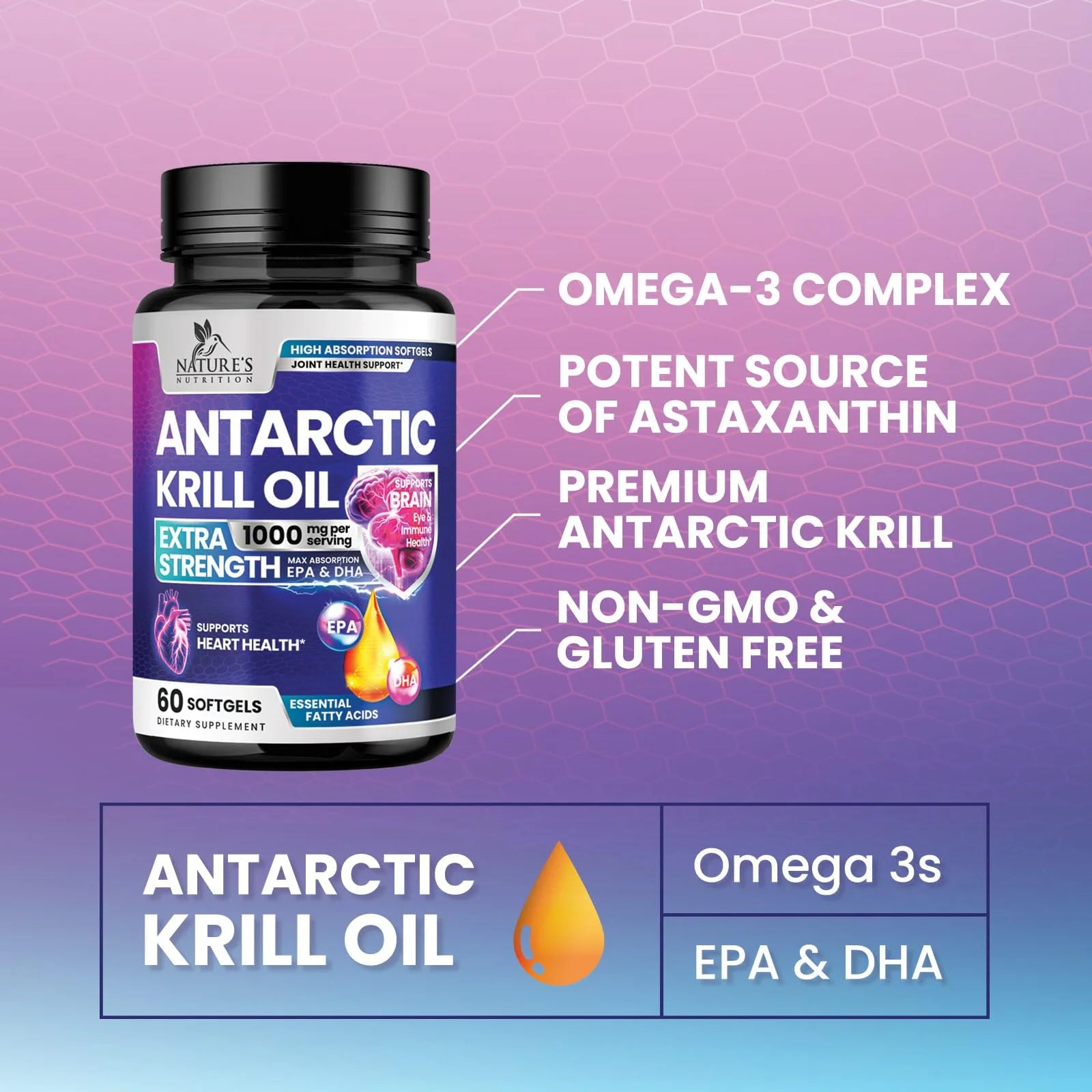 Krill Oil Omega 3 Supplement - 1000 Mg with Astaxanthin Sourced from Red Krill, Antarctic Krill Oil with Omega 3 EPA, DHA, Triple Strength Brain Health Immune Support with Phospholipids - 60 Softgels
