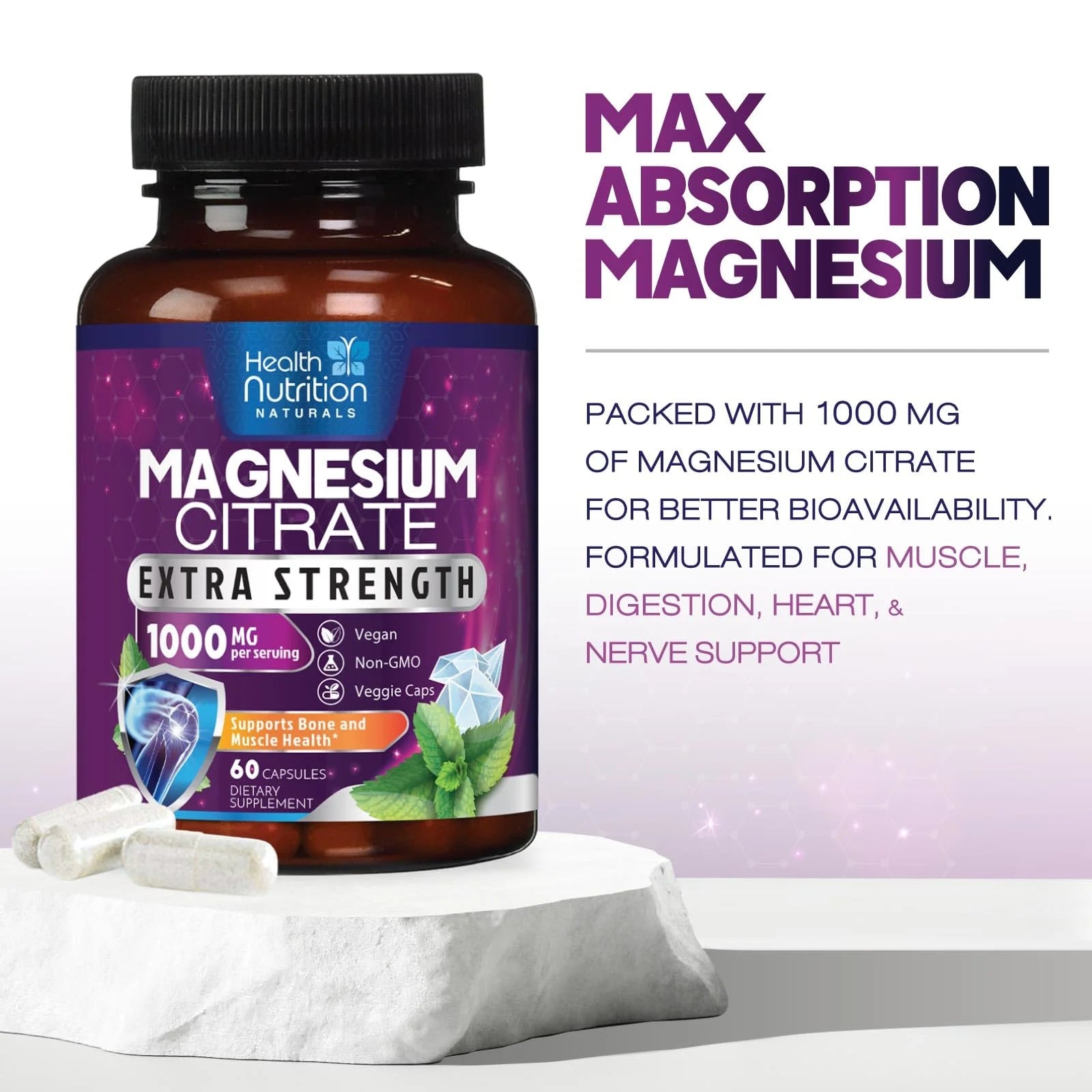 Magnesium Citrate Capsules 1000Mg - Max Absorption Magnesium Powder for Muscle, Nerve, Bone and Heart Health Support, High Absorption Citrate Complex, Gluten Free, Non-Gmo - 60 Capsules