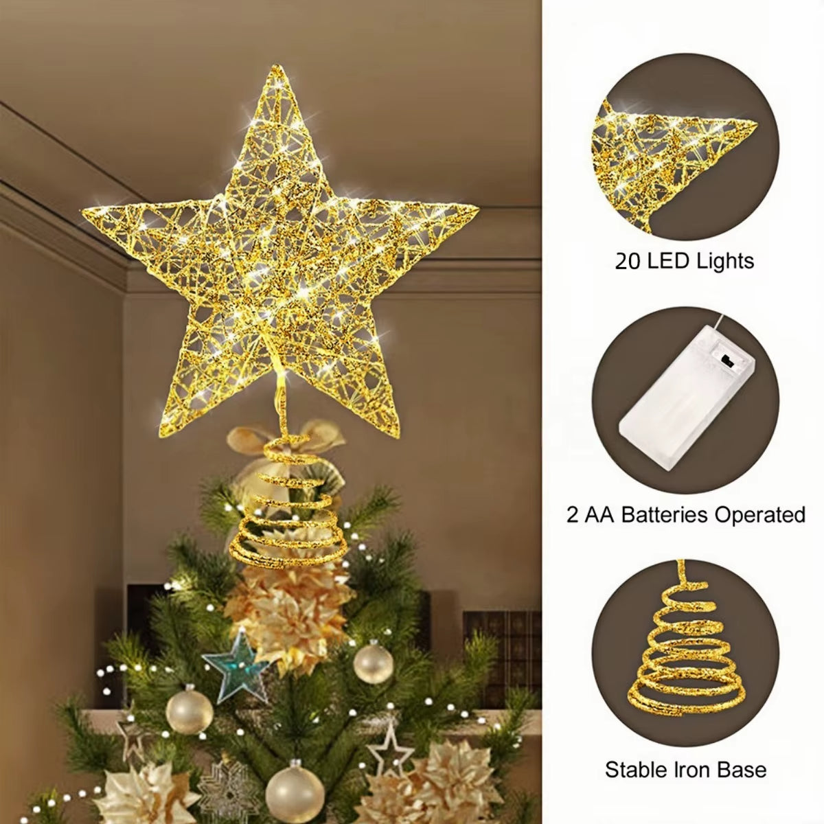 Iron Glitter Christmas Tree Topper Star with Led Copper Wire Lights Merry Christmas Tree Decor for Home Navidad Ornaments