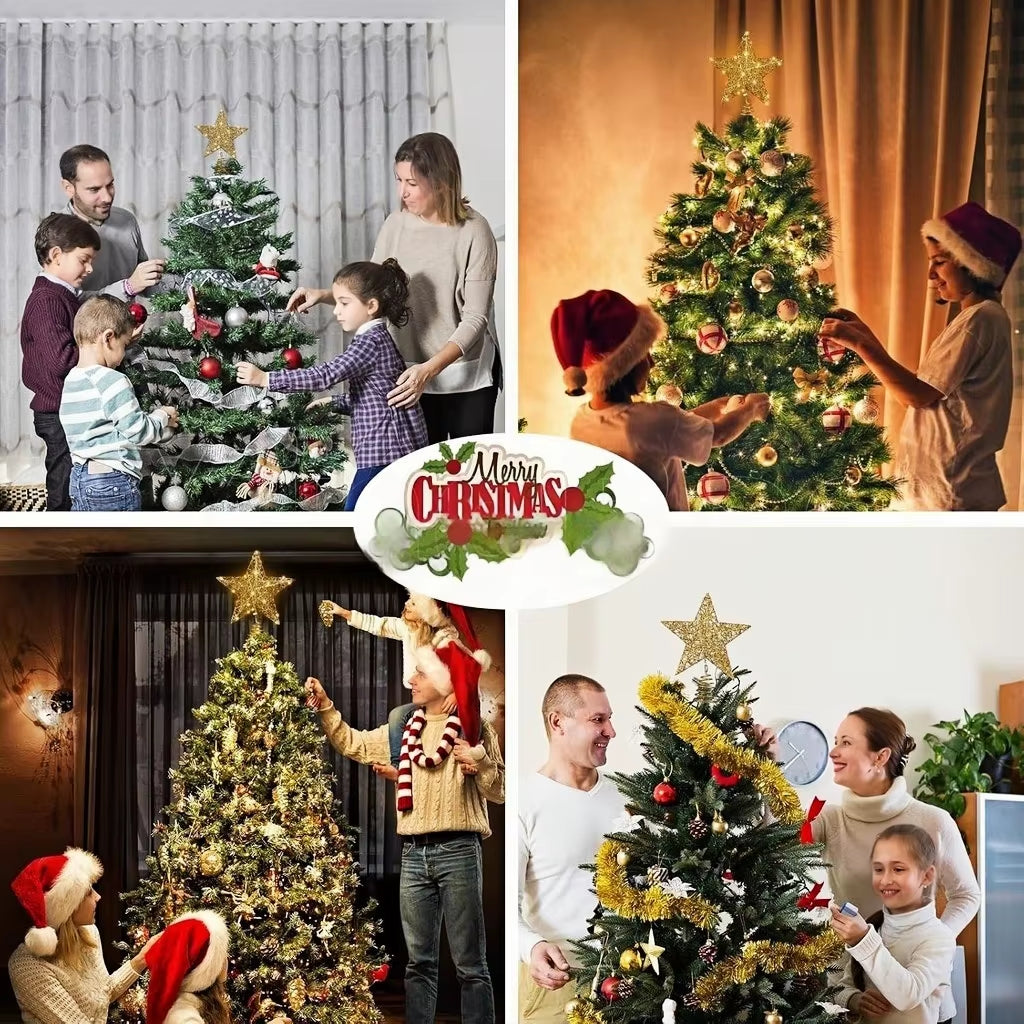 Iron Glitter Christmas Tree Topper Star with Led Copper Wire Lights Merry Christmas Tree Decor for Home Navidad Ornaments